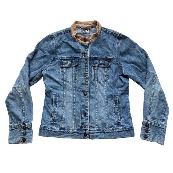 Vintage Roxy Blue Denim Jean Jacket Moto Embroidered Long Sleeve Snap M - Picture 2 of 7